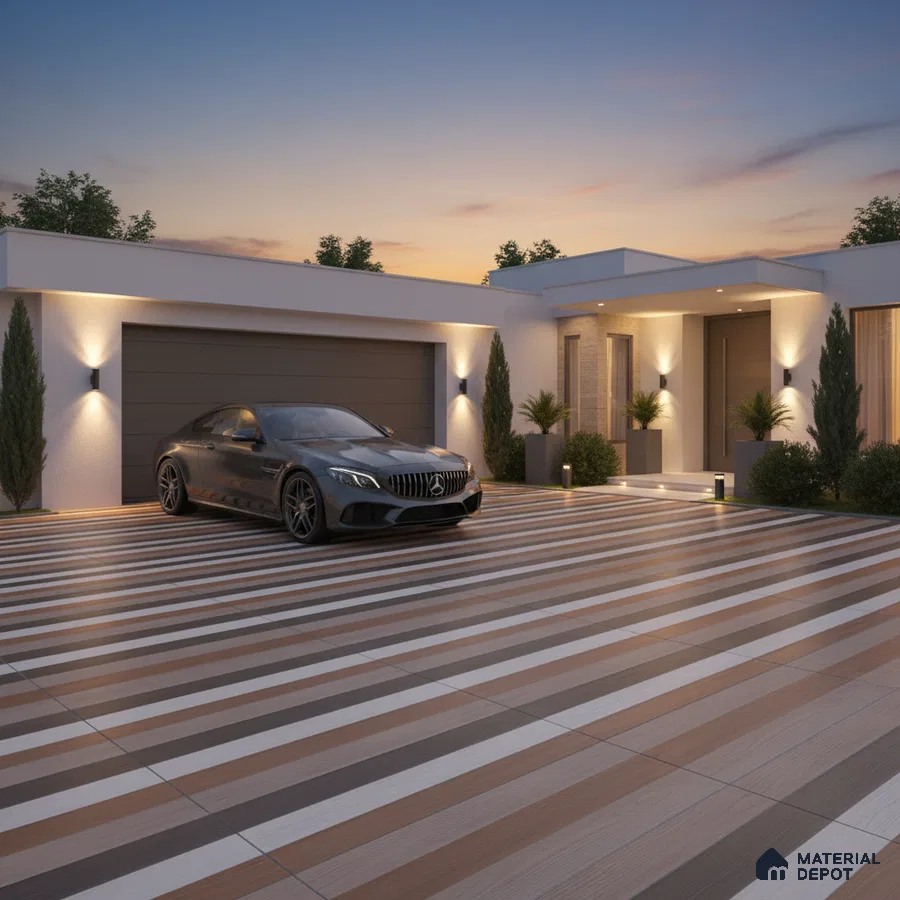 Modern parking with striped wood-look and stone-look floor tiles
