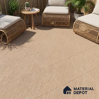 Scandinavian outdoor lounge with beige textured floor tiles and rattan furniture