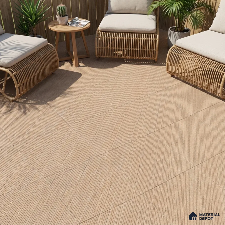 Scandinavian outdoor lounge with beige textured floor tiles and rattan furniture