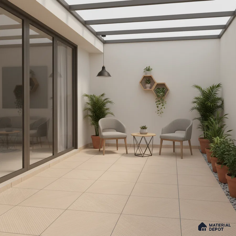 Minimalist balcony with beige textured floor tiles and modern planters