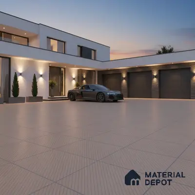 Modern parking with beige textured outdoor floor tiles and stone cladding accent walls