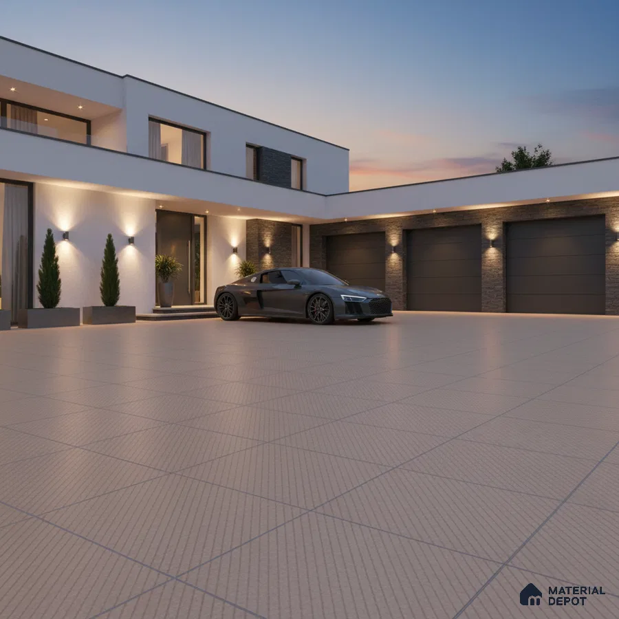 Modern parking with beige textured outdoor floor tiles and stone cladding accent walls
