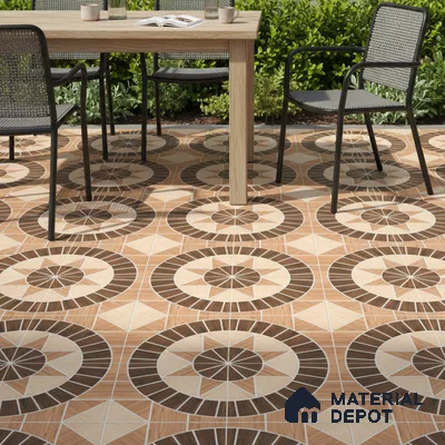 Modern outdoor space with geometric patterned brown and beige floor tiles