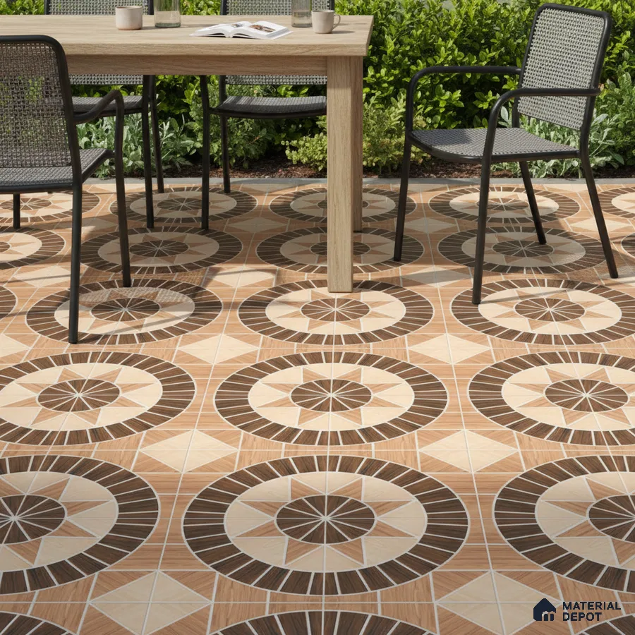 Modern outdoor space with geometric patterned brown and beige floor tiles