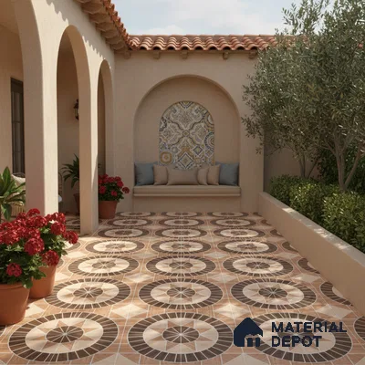 Mediterranean outdoor patio with terracotta roof, patterned ceramic floor tiles, and mosaic accent wall