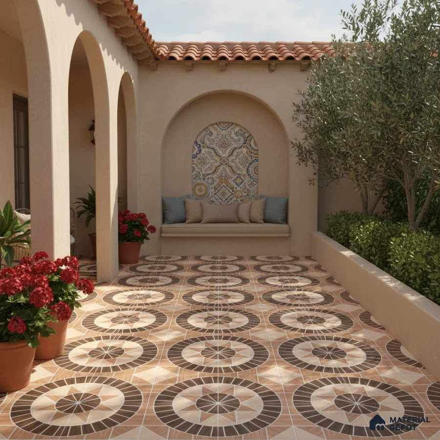 Mediterranean outdoor patio with terracotta roof, patterned ceramic floor tiles, and mosaic accent wall