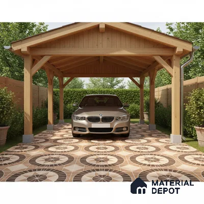 Modern parking with patterned geometric floor tiles and natural wood carport structure