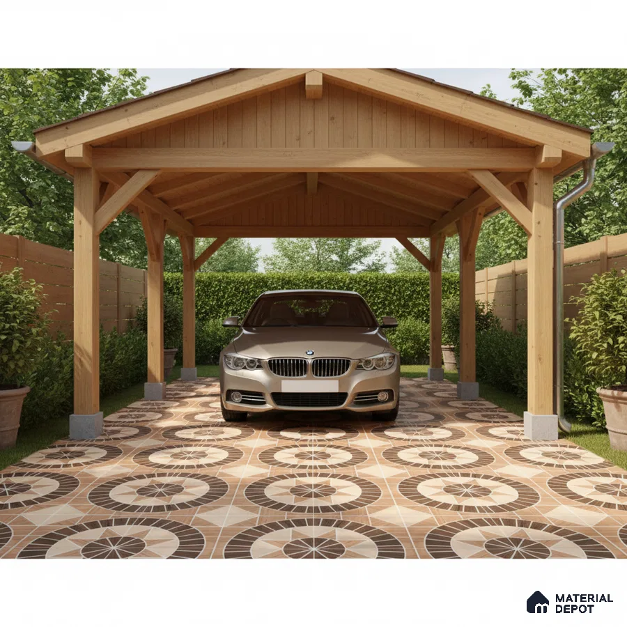 Modern parking with patterned geometric floor tiles and natural wood carport structure