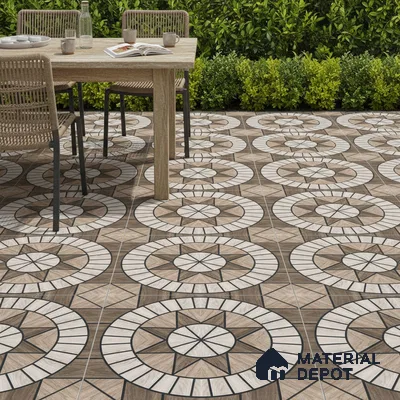Modern outdoor space with geometric patterned floor tiles and natural wood dining set