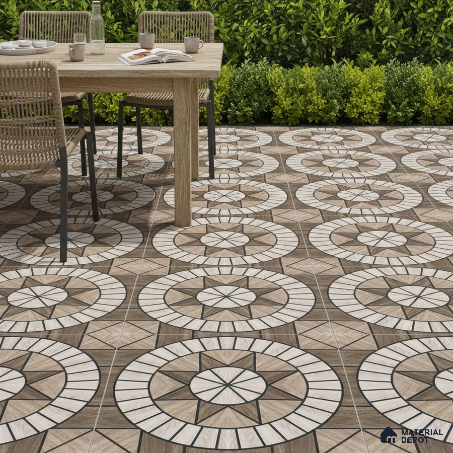 Modern outdoor space with geometric patterned floor tiles and natural wood dining set
