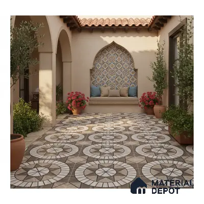 Mediterranean outdoor courtyard with geometric patterned floor tiles and blue-and-gold moroccan wall tiles