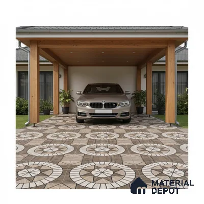 Modern parking with geometric patterned floor tiles and wooden ceiling panels