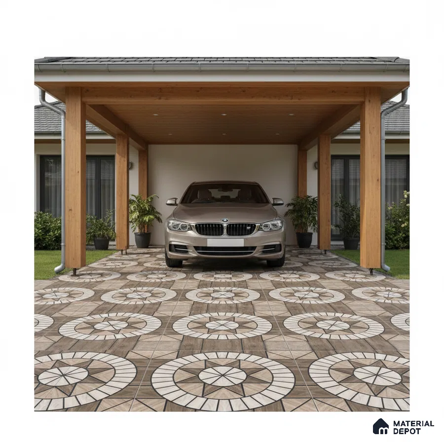 Modern parking with geometric patterned floor tiles and wooden ceiling panels