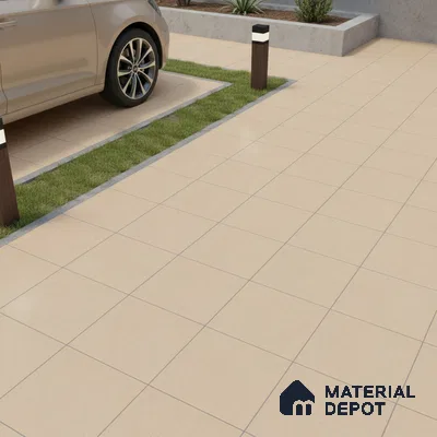 Modern parking area with beige anti-skid outdoor floor tiles and concrete planters
