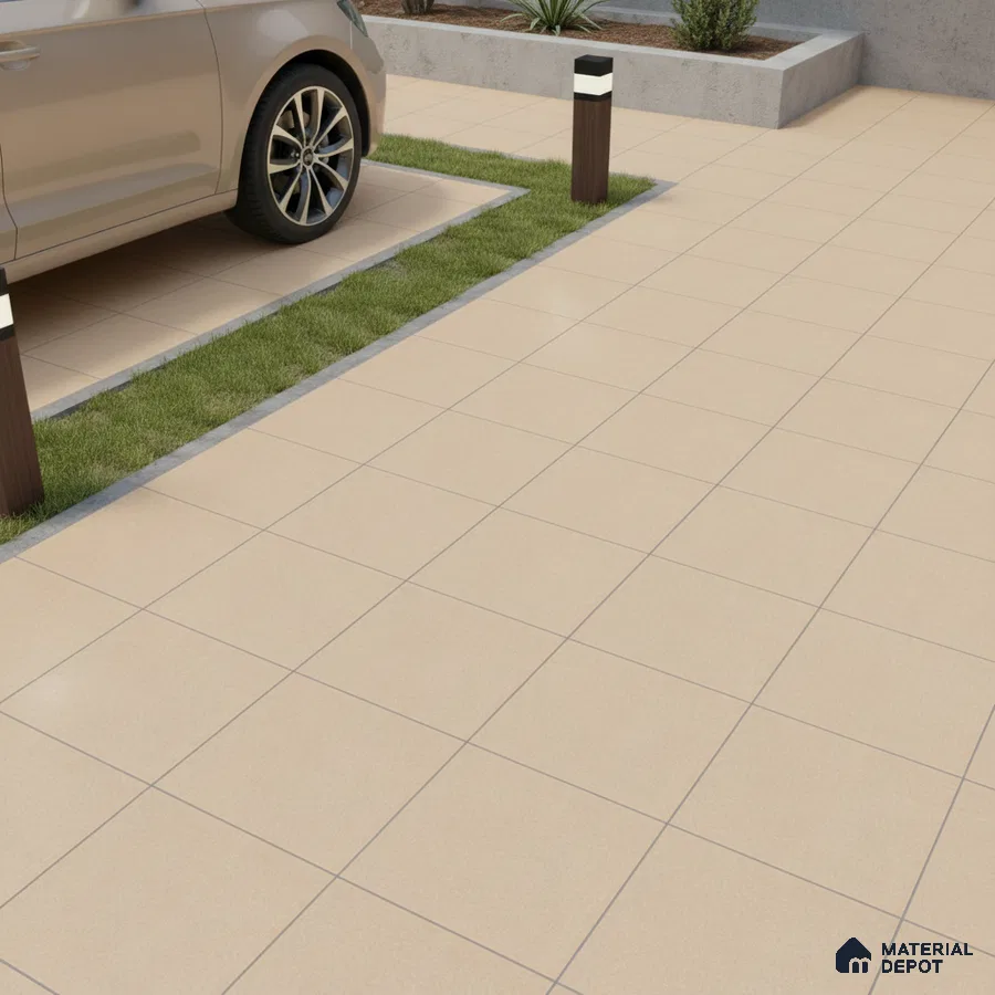Modern parking area with beige anti-skid outdoor floor tiles and concrete planters