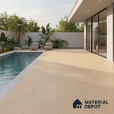 Modern outdoor poolside with beige matte floor tiles and minimalist landscaping