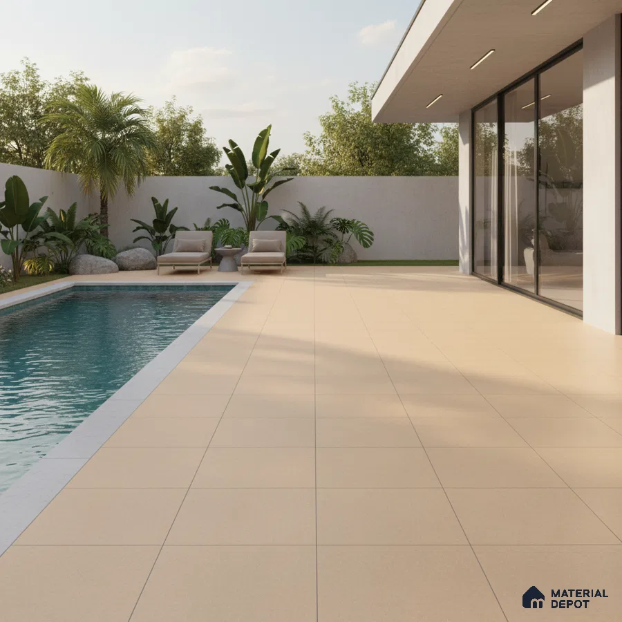 Modern outdoor poolside with beige matte floor tiles and minimalist landscaping