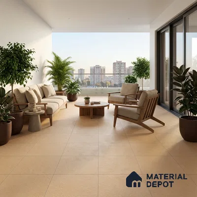 Scandinavian balcony with beige matte floor tiles and natural wood outdoor furniture
