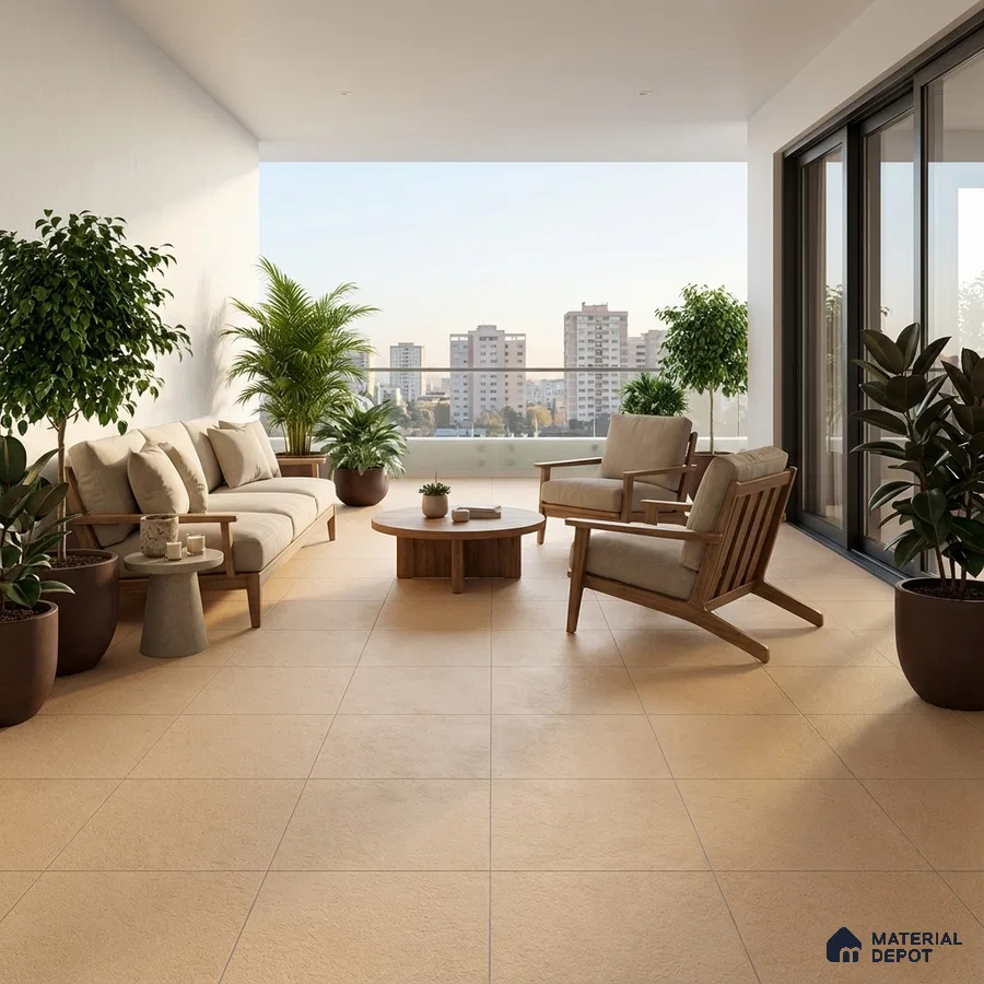 Scandinavian balcony with beige matte floor tiles and natural wood outdoor furniture