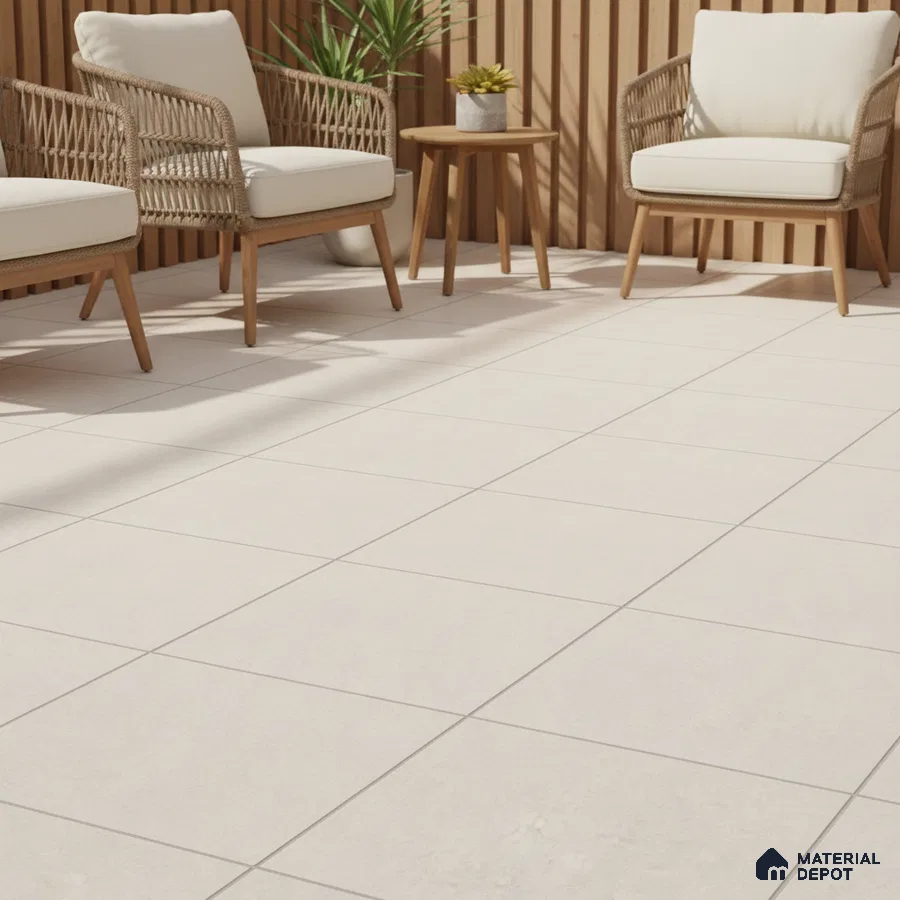 Scandinavian outdoor seating with beige ceramic floor tiles and natural wood slat wall