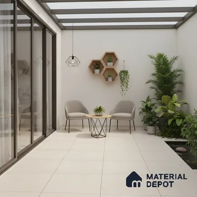 Minimalist balcony with beige floor tiles, wooden hexagonal wall shelves, and indoor plants