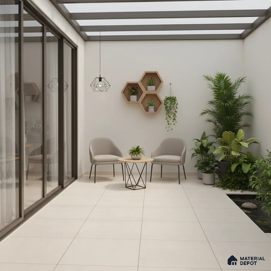 Minimalist balcony with beige floor tiles, wooden hexagonal wall shelves, and indoor plants