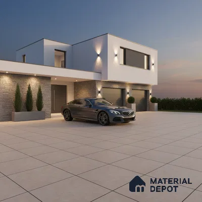 Modern parking with beige outdoor floor tiles and grey stone cladding accent wall