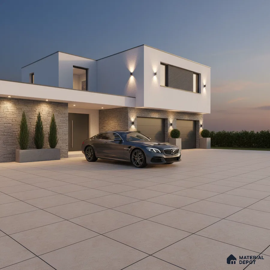 Modern parking with beige outdoor floor tiles and grey stone cladding accent wall
