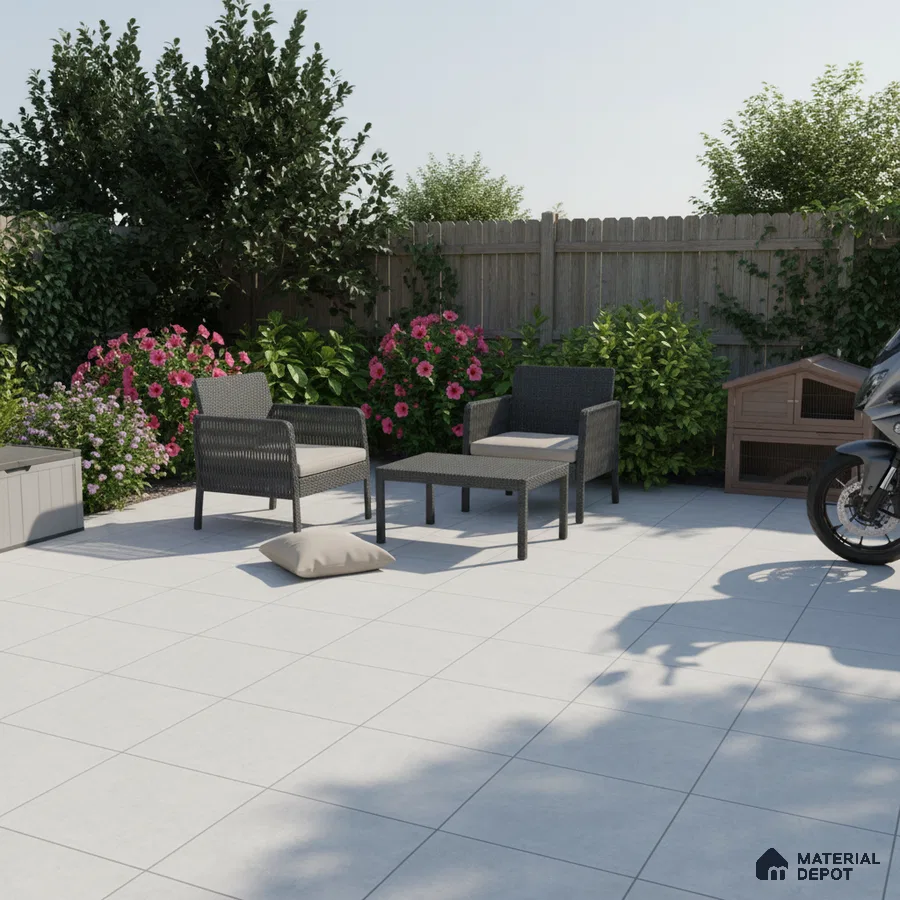 Modern outdoor patio with light grey matte floor tiles and wicker furniture