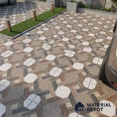 Modern parking with geometric patterned anti-skid floor tiles in wood and stone look