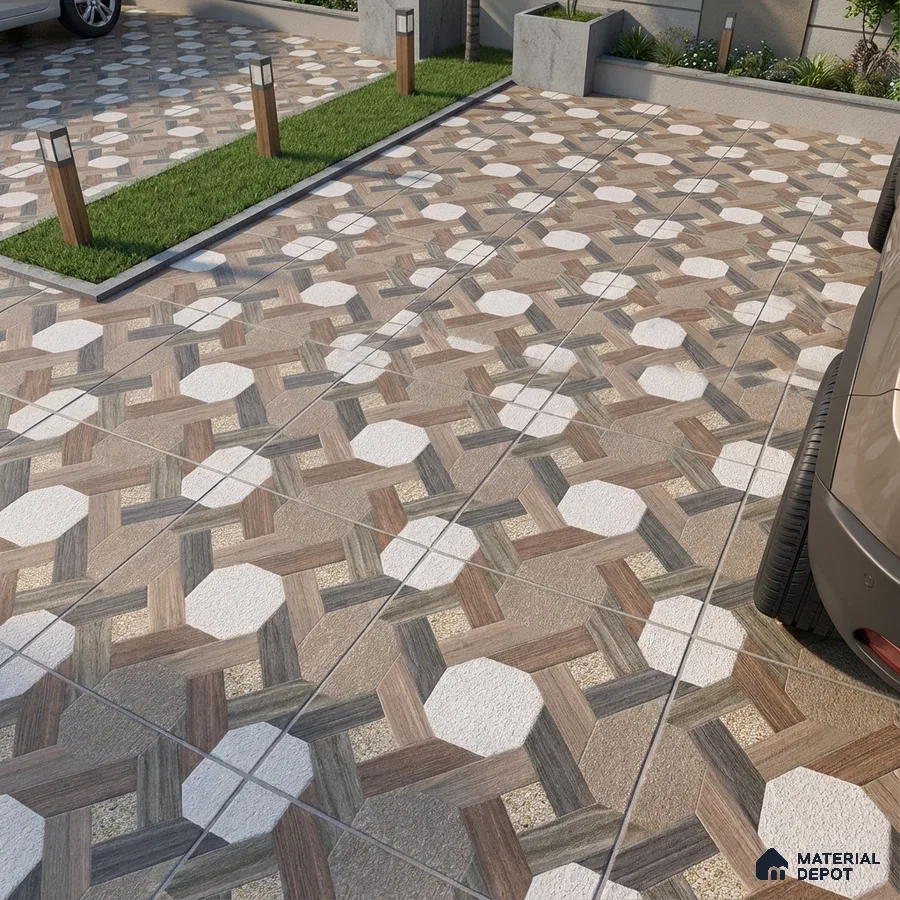 Modern parking with geometric patterned anti-skid floor tiles in wood and stone look