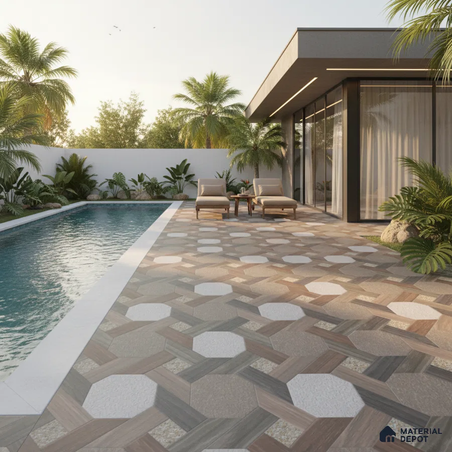 Modern outdoor poolside with geometric octagonal and wood-look floor tiles
