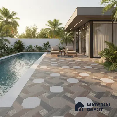 Modern outdoor poolside with geometric octagonal and wood-look floor tiles