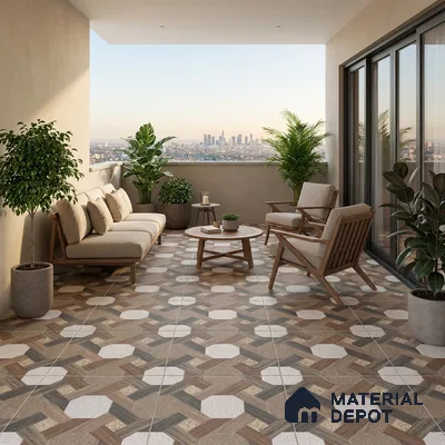 Scandinavian balcony with geometric wood-look and white octagonal floor tiles