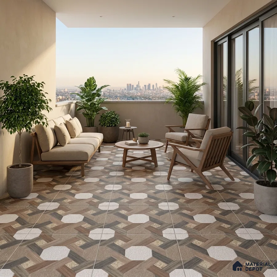 Scandinavian balcony with geometric wood-look and white octagonal floor tiles