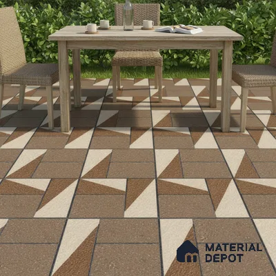 Modern outdoor space with geometric brown and beige floor tiles and natural wood dining set