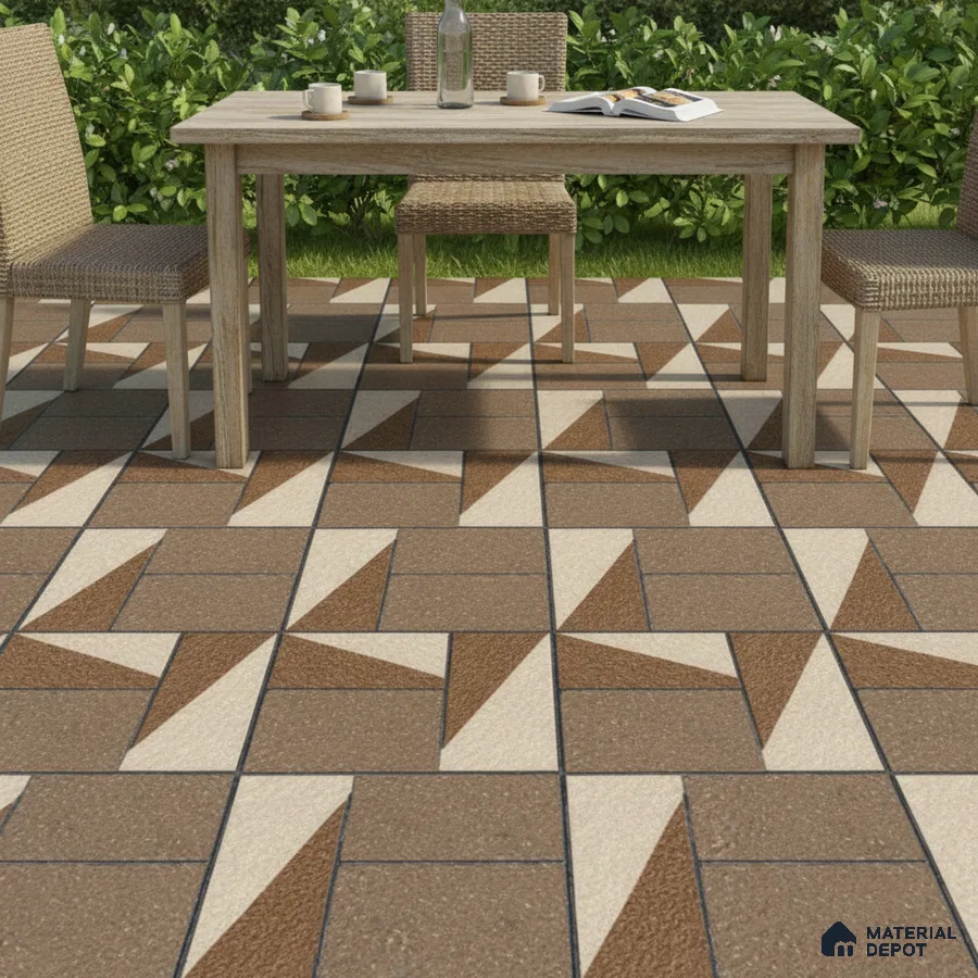 Modern outdoor space with geometric brown and beige floor tiles and natural wood dining set