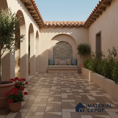 Mediterranean outdoor courtyard with geometric floor tiles and colorful patterned mosaic wall tile