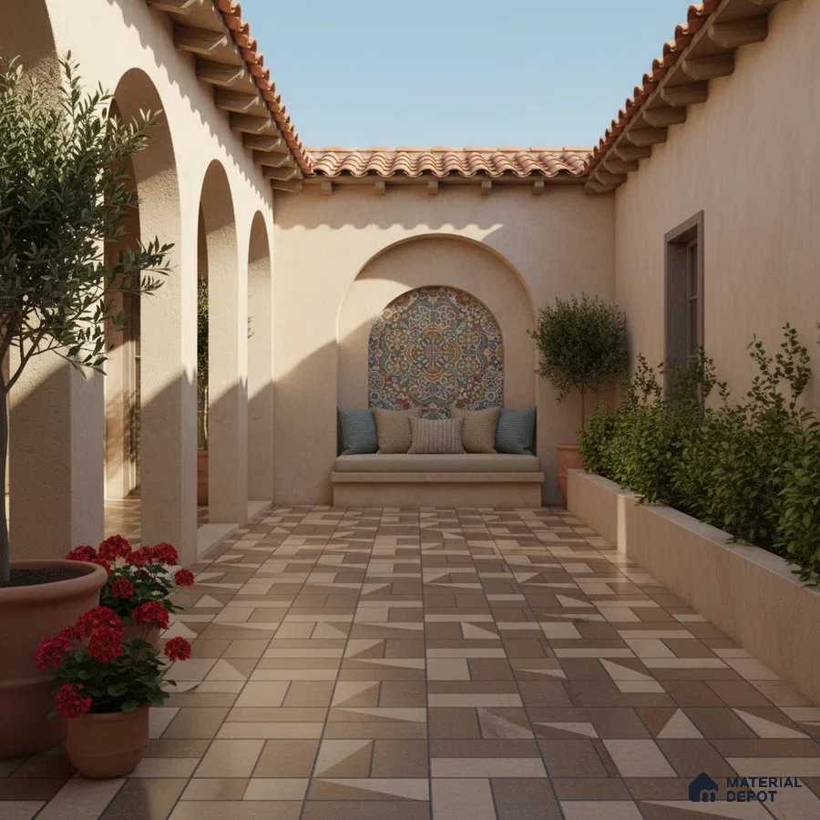 Mediterranean outdoor courtyard with geometric floor tiles and colorful patterned mosaic wall tile