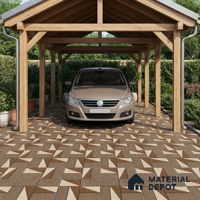 Modern parking with geometric brown and beige outdoor floor tiles and wooden carport structure