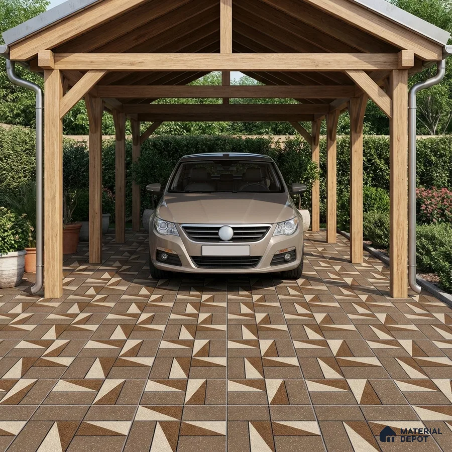 Modern parking with geometric brown and beige outdoor floor tiles and wooden carport structure