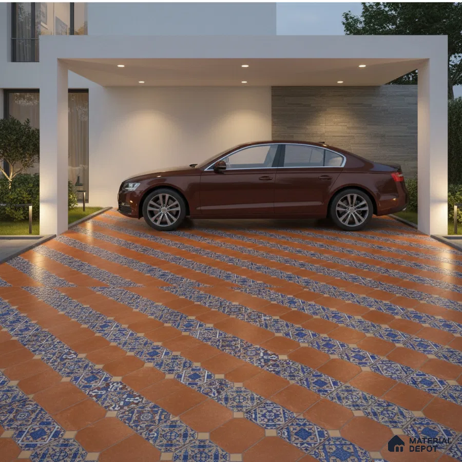 Modern parking with terracotta and blue patterned geometric floor tiles