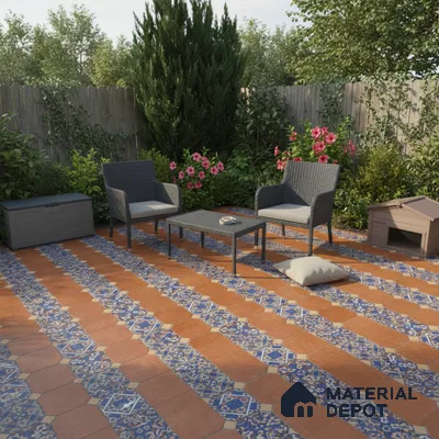 Mediterranean outdoor patio with terracotta and blue patterned floor tiles