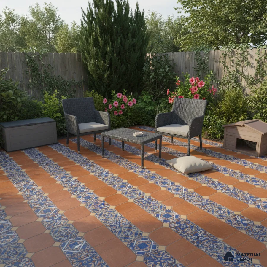 Mediterranean outdoor patio with terracotta and blue patterned floor tiles