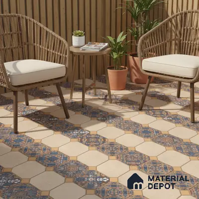 Mediterranean balcony with blue patterned hexagonal floor tiles and wooden louver panels