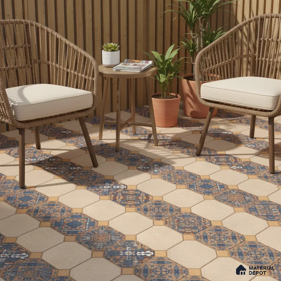 Mediterranean balcony with blue patterned hexagonal floor tiles and wooden louver panels