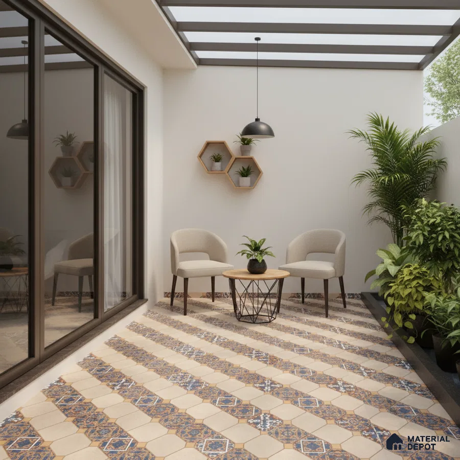 Modern balcony with patterned moroccan floor tiles and beige wall paint