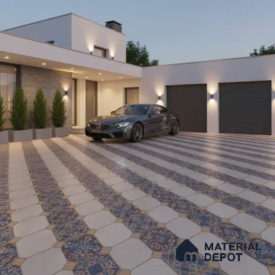 Modern parking with patterned blue and beige octagonal floor tiles and stone cladding accent wall