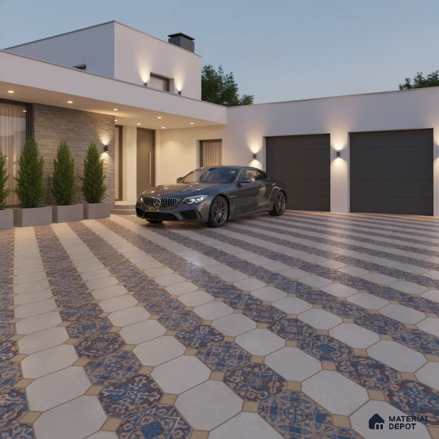 Modern parking with patterned blue and beige octagonal floor tiles and stone cladding accent wall