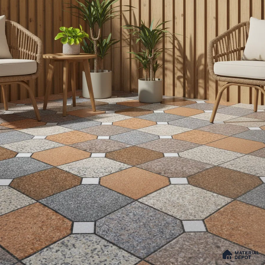 Scandinavian outdoor seating with geometric terracotta and grey floor tiles and vertical wood louver wall
